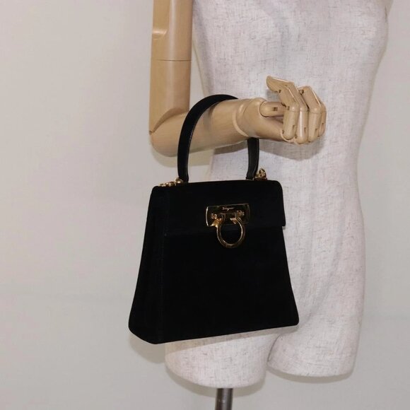 Salvatore Ferragamo Hand Bag Suede Black Gold Auth - Picture 1 of 16